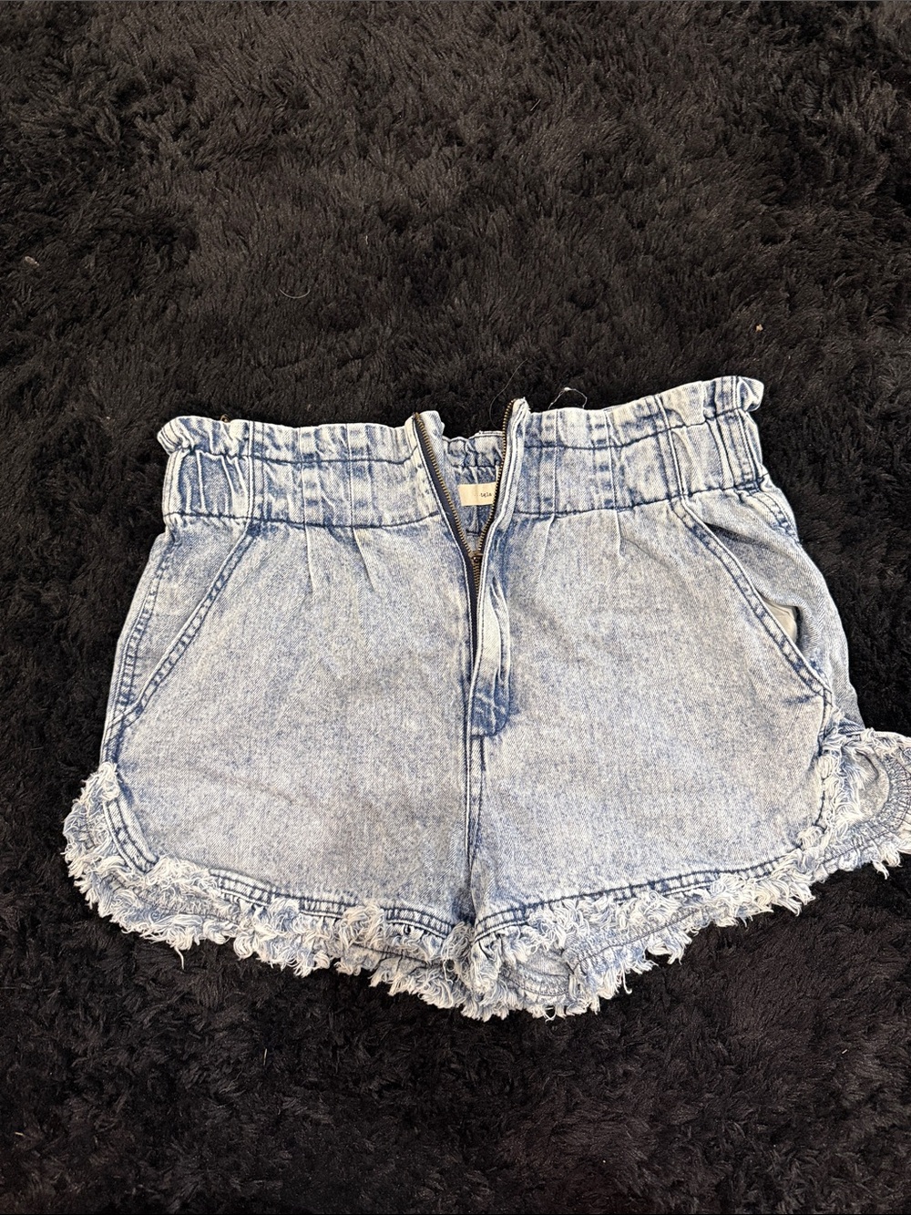 High-Rise Light Blue Denim Paperbag Shorts with Frayed Hem